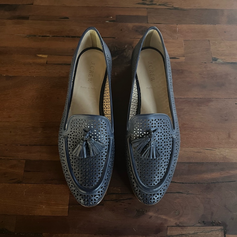 J.Crew Biella Tassel Loafers in Navy Perforated Leather 8.5 NWOB